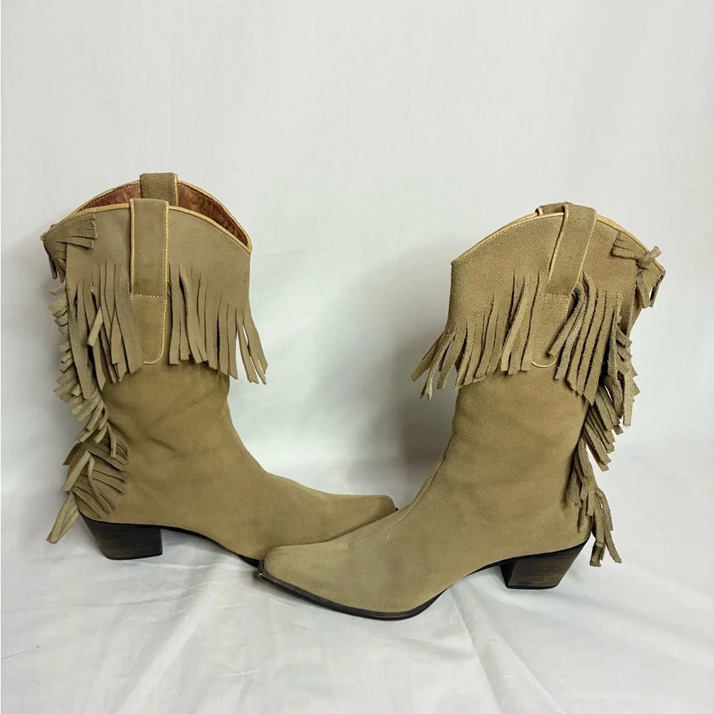 Vintage Suede Fringe Western Bohemian Cowboy Boots - Picture 8 of 12